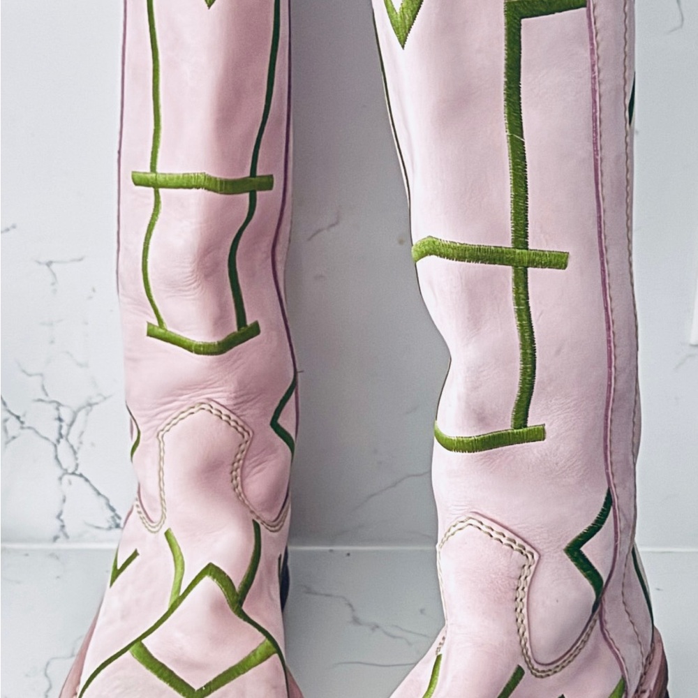ARCHE Made in France Pink with green embroidery Knee-High Boots